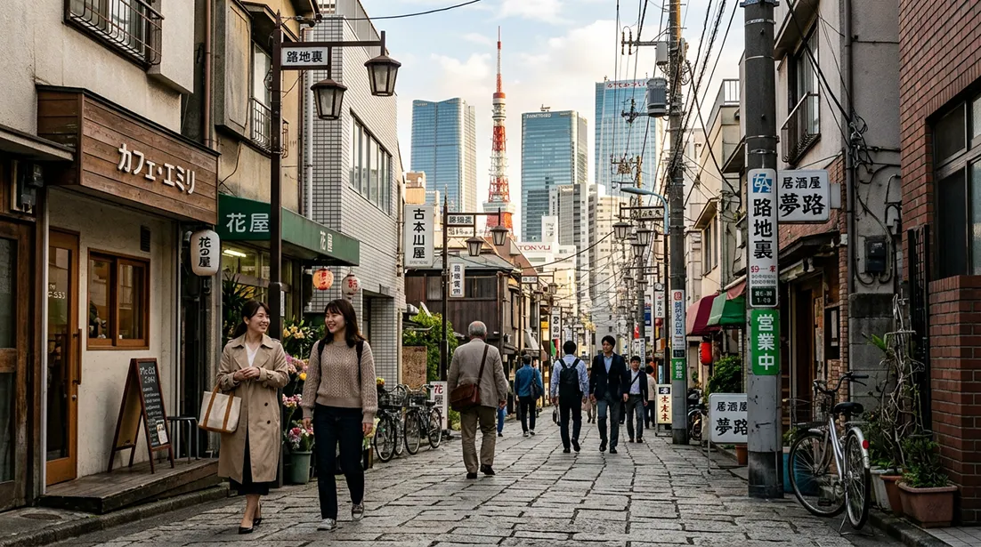 遠くに東京タワーが見える静かな通り